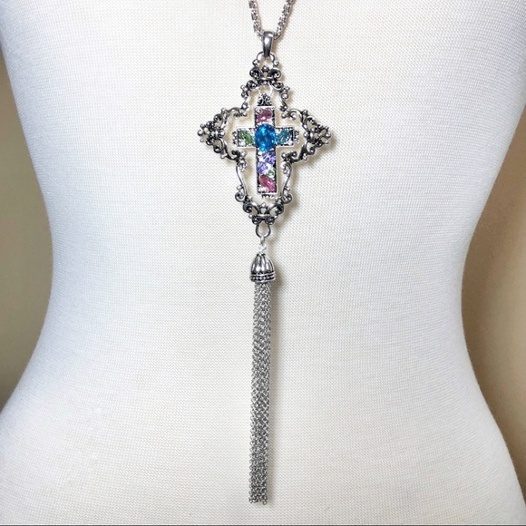 Long Christian Cross Pastel Gem Silver Tassel Necklace - Picture 3 of 3